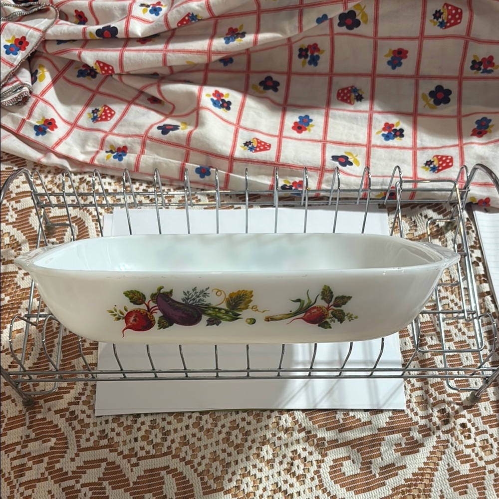 Pyrex White Oval Dish with Colorful Vegetable Design